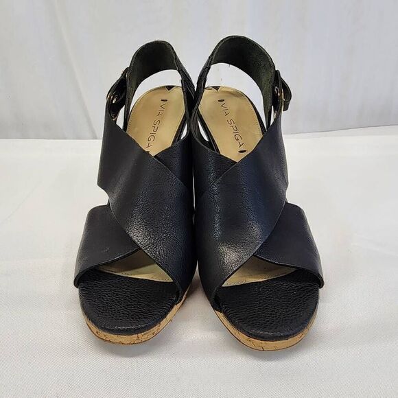 Via Spiga Onitta Cork Open Toe Leather Sandal Heels Slingback Black Size 8.5 I - Picture 3 of 10